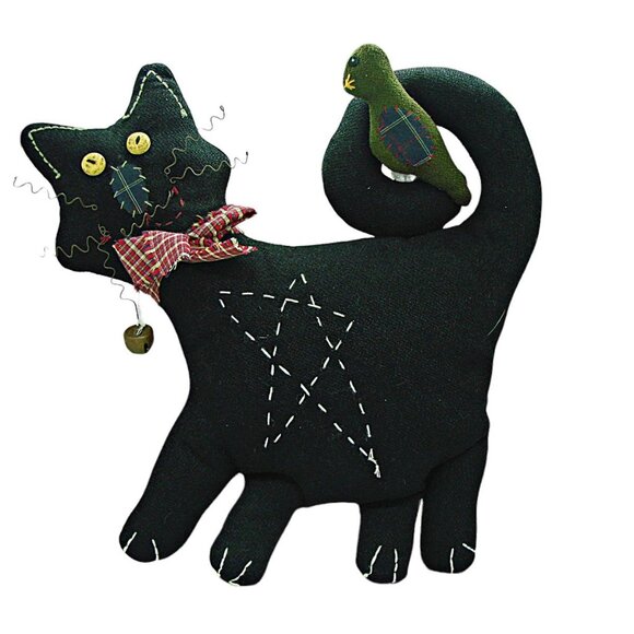 Vintage Plush Stuffed Black Cat & Bird Home Decor Tender Heart Treas Halloween - Picture 1 of 11